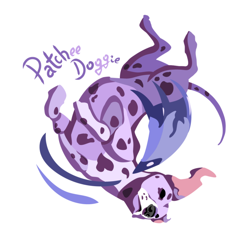 Logotyp Patchee Doggie, dalmatyńczyk leżący na grzbiecie, pies w odcieniu fioletu, wokół niego niebieska kredka